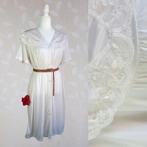 Vintage Wide Lace Collar Button Front Semi Sheer Midi Night Dress Yolanda Cream